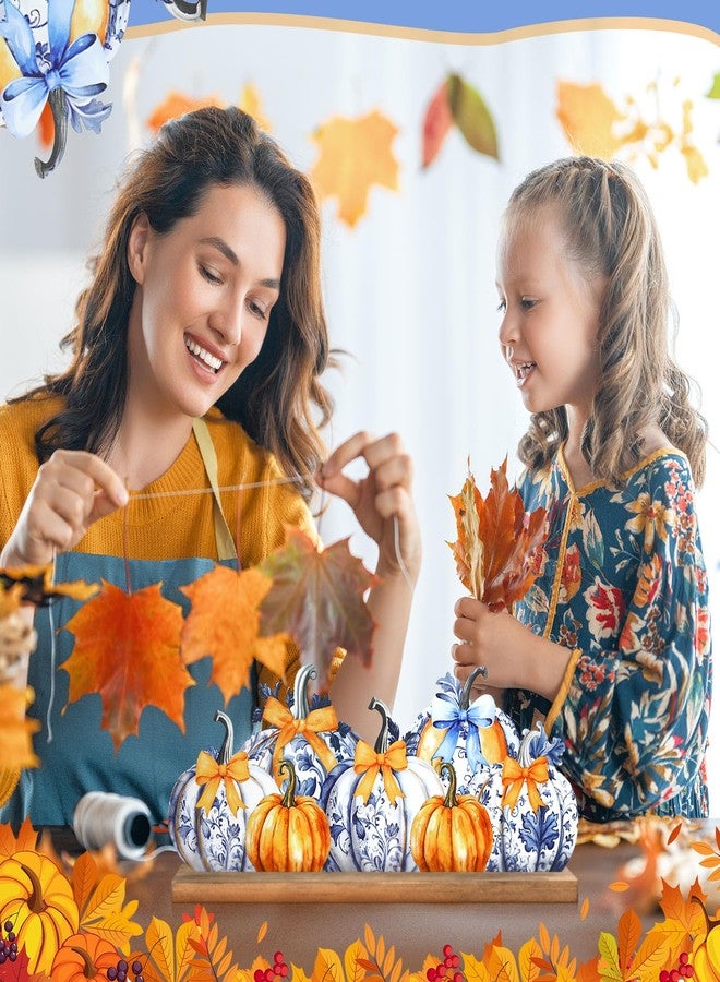 MiniInflat Fall Chinoiserie Pumpkin Metal Sign Orange and Blue Fall Decor Thanksgiving Tiered Tray Decor Freestanding Blue and White Table Centerpiece with Wood Base for Home Mantel Tabletop Shelf - Image 5